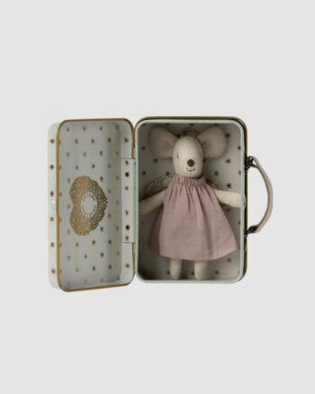 souris ange Maileg dans valise en métal menthe avec robe rose