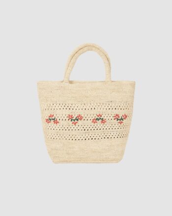 Panier cabas en raphia naturel avec fleurs rouges brodées Émile et Ida