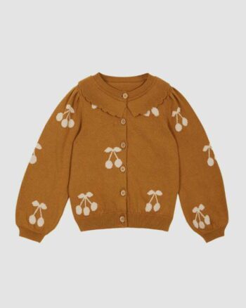Cardigan Coton Biologique Caramel Cerises Femme Émile et Ida – col Claudine et motifs cerises