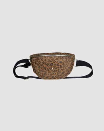 Banane Smile Léo Craie en cuir velours léopard vue de face avec sangle noire ajustable