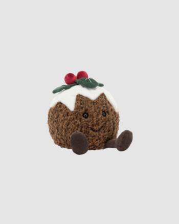 Peluche Christmas Pudding Jellycat ronde avec feuilles de houx et cerises rouges