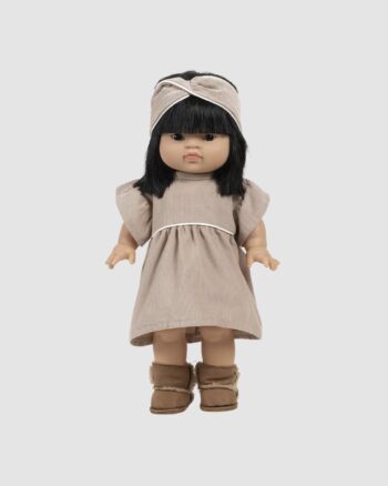 Robe Daisy et headband poupée Minikane en velours milleraies galet – fabrication française