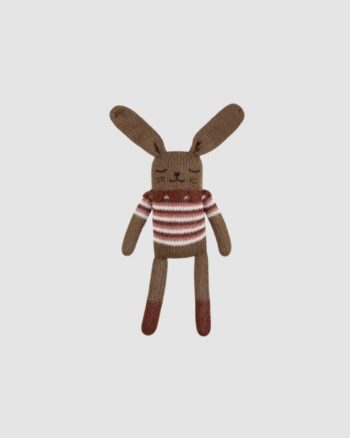 Doudou lapin en laine baby alpaga – Main Sauvage – tenue vintage rayée sienne