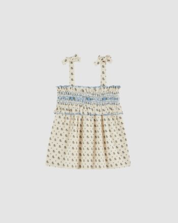 Top à bretelles en coton fleuri écru et bleu avec smocks brodés main – Emile et Ida