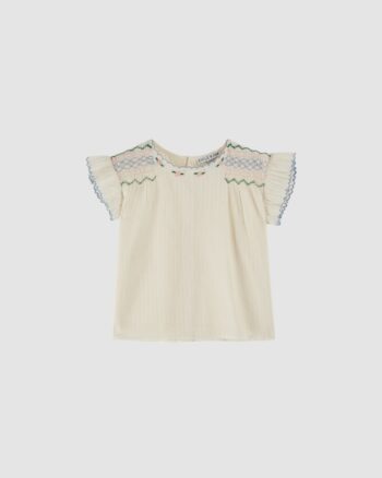Blouse écrue à rayures avec smocks faits main et volants festonnés – Emile et Ida