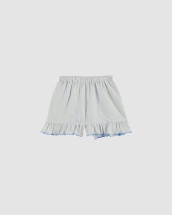 Short blanc à rayures ciel avec volants festonnés et poches – Emile et Ida