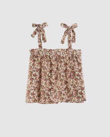 Top crépon écru à fleurs roses avec bretelles à nouer – Emile et Ida