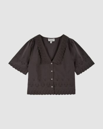 Blouse en coton bitume à col V et broderie anglaise – Emile et Ida