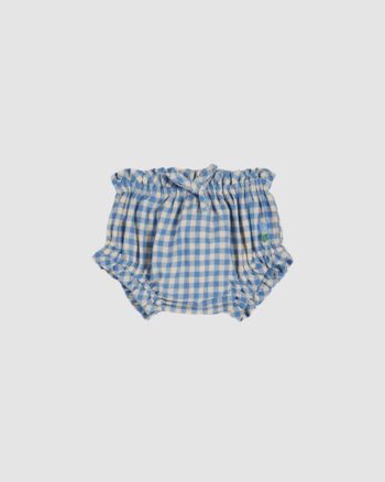 Bloomer bébé en coton vichy bleu et écru, brodé d’une tulipe, Emile et Ida