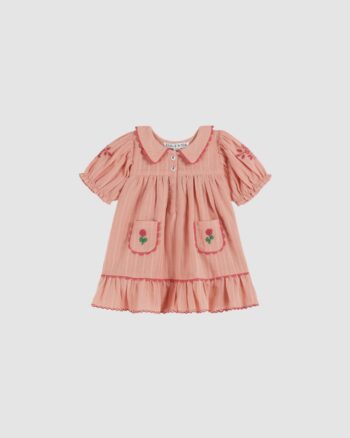 Robe rose en coton Dobby brodé, manches ballon et col croquet – Emile et Ida