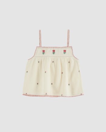 Top à bretelles écru brodé de tulipes roses Emile et Ida