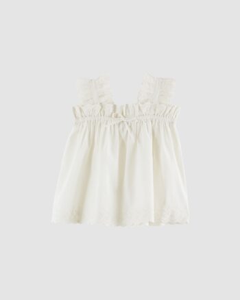 Top blanc Emile et Ida en coton avec broderie anglaise, volants et lien ajustable