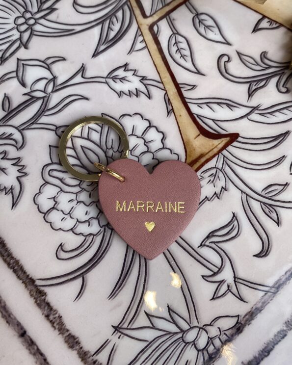 Porte-clés cœur – Cuir rose “Marraine” – Image 2