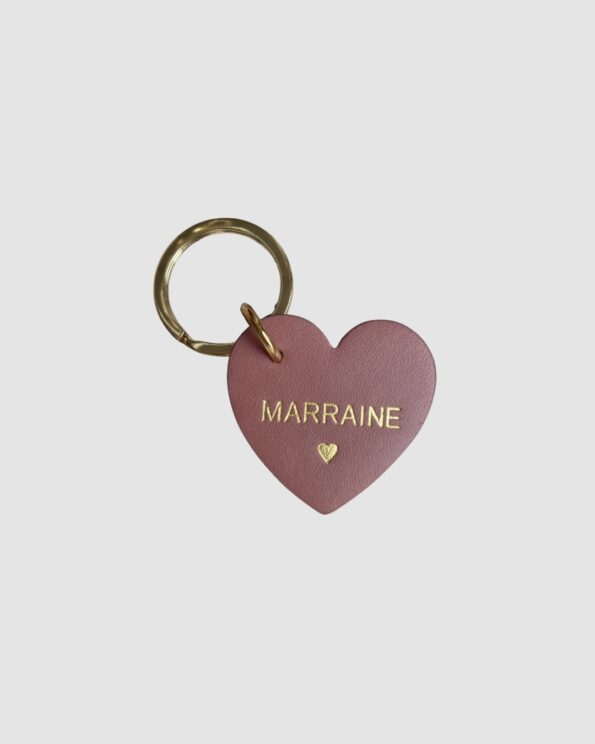 Porte-clés cœur – Cuir rose “Marraine”