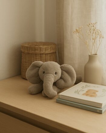 Peluche Éléphant Jellycat posée sur une table en bois clair avec des livres et un vase