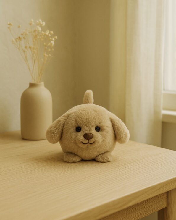 Peluche Caboodle Puppy Jellycat posée sur une table en bois clair, devant une fenêtre et un vase