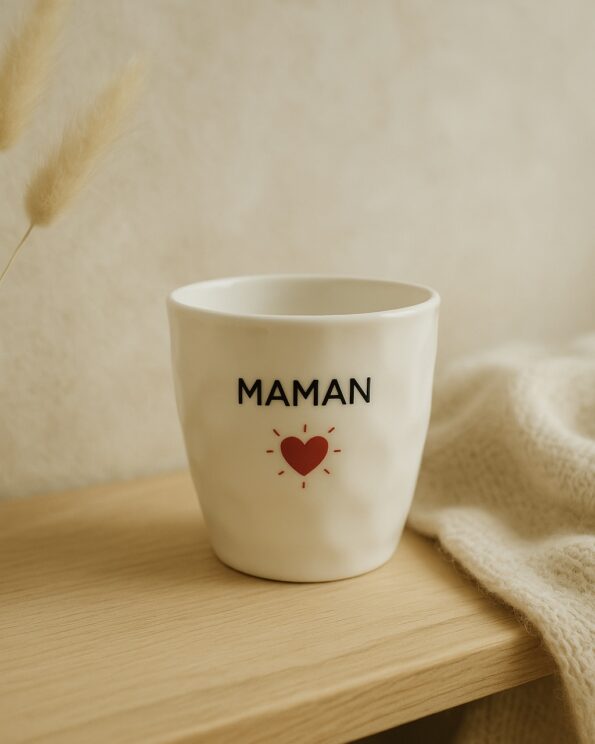 Gobelet en céramique blanche avec le mot MAMAN et un cœur rouge entouré de petits traits, posé sur une table bois clair