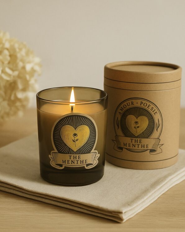 Bougie AMOUR thé à la menthe dans verre fumé avec cœur doré et boîte kraft – Opjet
