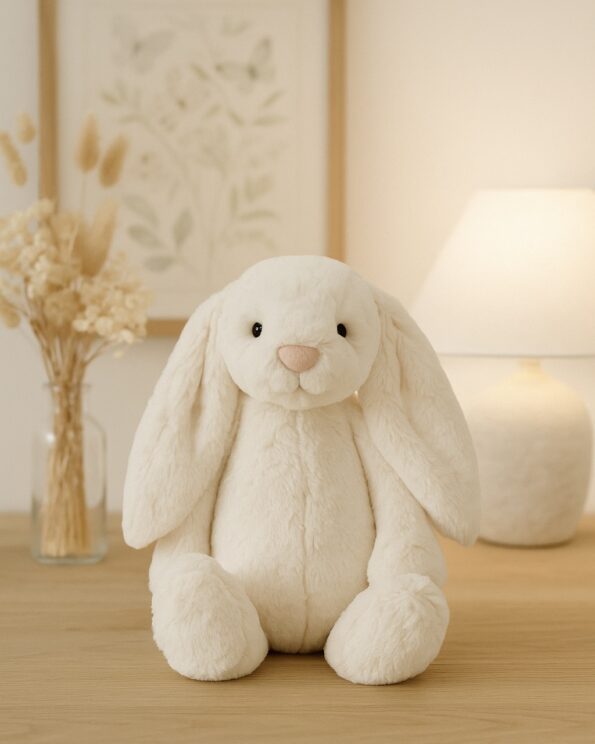 Peluche Bashful Cream Bunny Jellycat en grand format sur une commode en bois clair