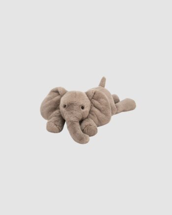 Peluche Éléphant Jellycat allongée sur fond clair, vue de face