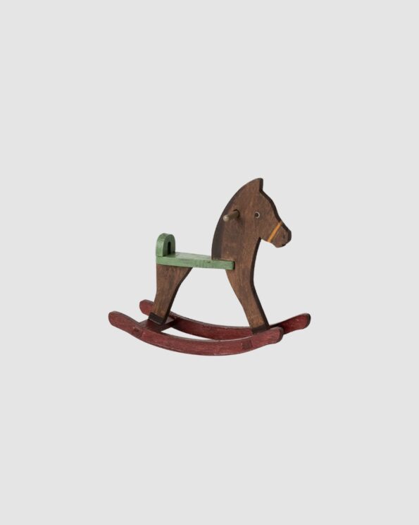 Cheval à bascule Maileg en bois marron pour souris, avec poignée en métal