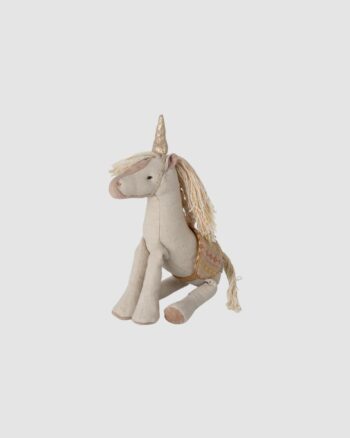 Licorne Maileg Small avec corne dorée et selle – jouet en tissu