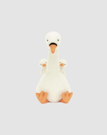 Peluche Cygne Jellycat Featherful Swan – Vue de face avec deux bébés sur le dos – 39 cm