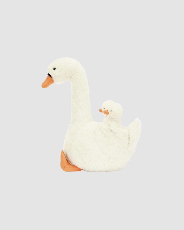 Peluche Cygne Jellycat Featherful Swan – Profil gauche avec un bébé cygne – 39 cm