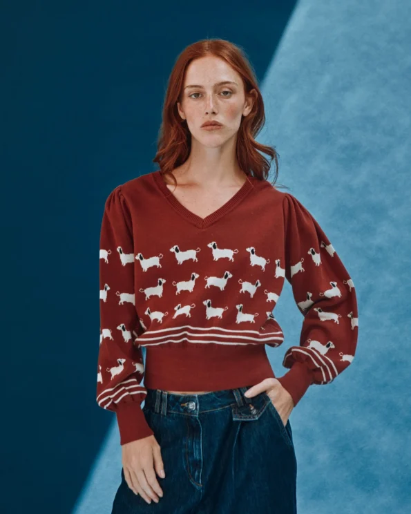 Pull Teckels coton bio brique pour femme Émile et Ida