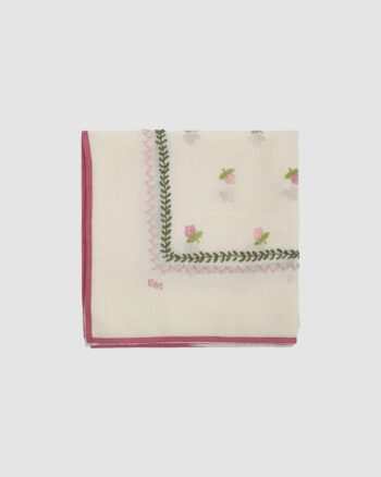 Foulard brodé roses Emile et Ida en laine écrue 100x100 cm avec finitions main et imprimé floral