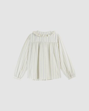 Vue de dos de la blouse volantée à rayures écru pour femme Emile et Ida, avec col Claudine et empiècement plissé.