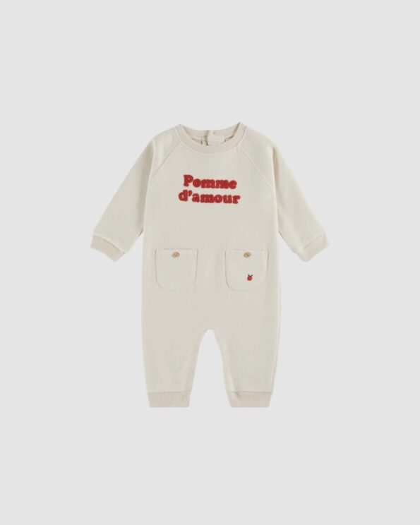 Combinaison bébé crème en coton bio avec broderie Pomme d’Amour – Emile et Ida