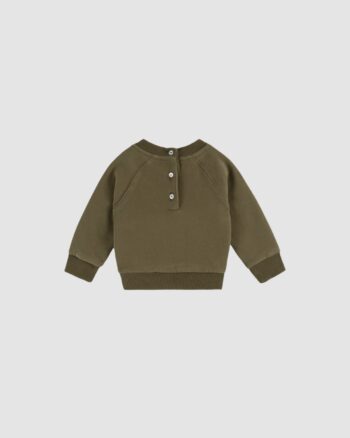 Sweat Très Cool coton bio olive Émile et Ida bébé – vue de dos avec boutons en nacre