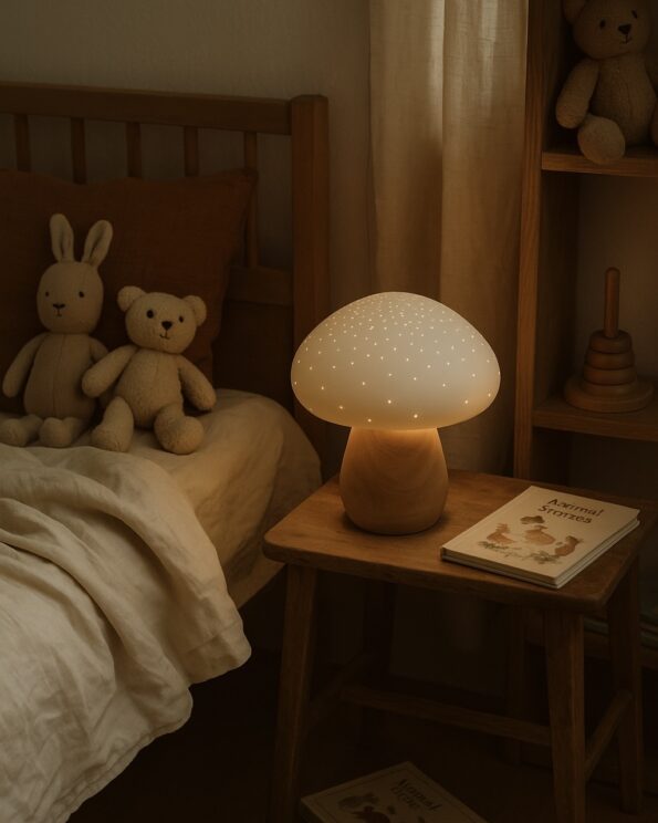 Lampe Champignon Blanc en bois et porcelaine Amadeus posée sur une table de chevet