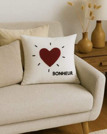 Coussin Cœur Bonheur Opjet – Déco élégante en coton brodé