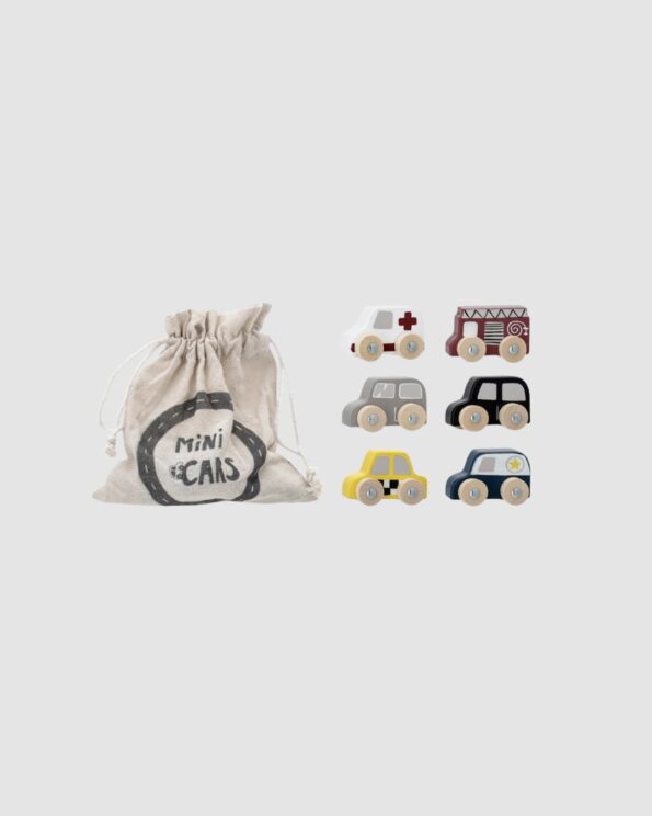 Set de 6 petites voitures Avin Bloomingville MINI en bois FSC avec sac de rangement à cordon