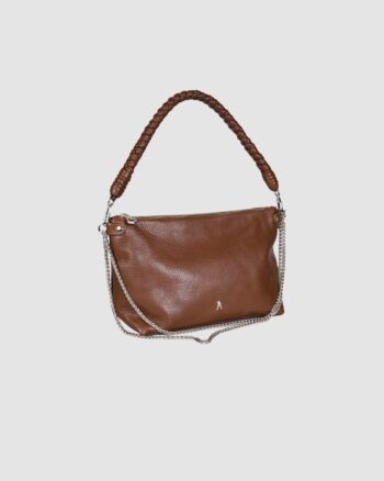 Mallow Twist Grainé Coffee Craie Studio – Sac en cuir avec poignée tressée et chaîne dorée