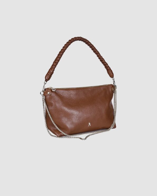 Mallow Twist Grainé Coffee Craie Studio – Sac en cuir avec poignée tressée et chaîne dorée