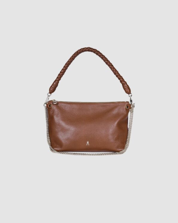 Mallow Twist Grainé Coffee Craie Studio – Sac en cuir avec poignée tressée et chaîne dorée