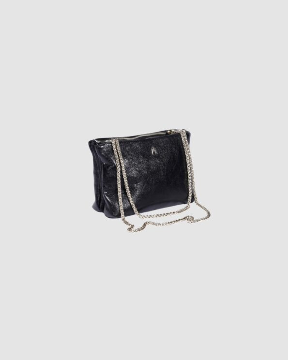Sac Duo Gotham Craie Studio en cuir d’agneau métallisé noir pailleté avec bandoulière chaîne dorée