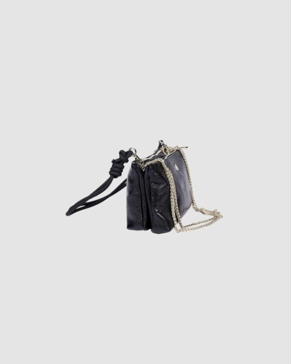 Sac Duo Gotham Craie Studio en cuir d’agneau métallisé noir pailleté vu de profil avec double compartiment et bandoulière chaîne