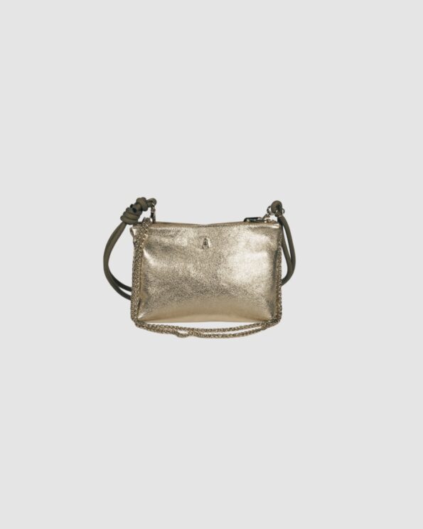 Sac Duo Or Craie Studio en cuir d’agneau métallisé doré avec chaîne dorée et bandoulière corde