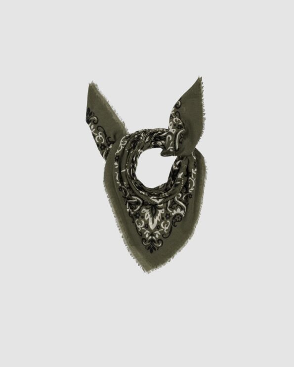Foulard Bandana Kaki cachemire Maison Lecomte Flament présenté noué