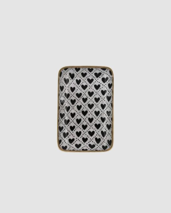 Plateau Solo Les Cœurs Boncoeurs en aluminium émaillé avec motif de cœurs noirs et bordure dorée