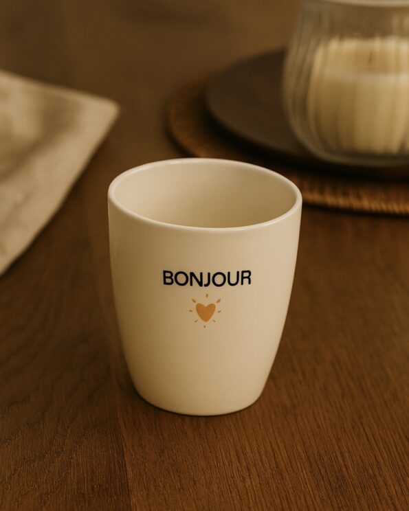 Gobelet message Bonjour doré – Opjet Paris en faïence blanche