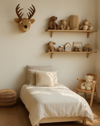 Trophée peluche Cerf Billy Wild and Soft dans une chambre d’enfant, décoration murale douce et naturelle