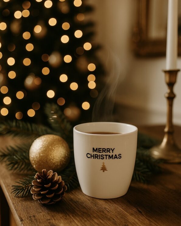 Gobelet Merry Christmas doré – Opjet Paris en faïence blanche sur une table en bois, ambiance Noël chic