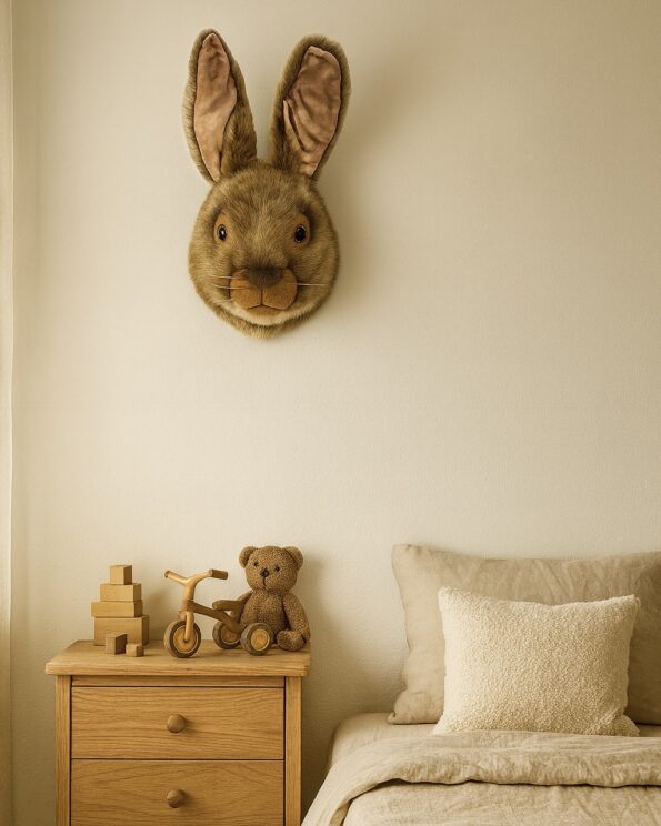 Trophée Lièvre Wild and Soft accroché au mur, décoration murale douce pour chambre d’enfant