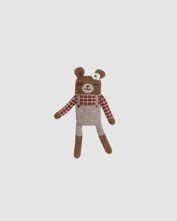 Doudou ourson Main Sauvage chemise à carreaux sienne – tricoté à la main en laine baby alpaga