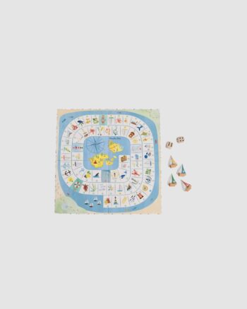 Plateau du jeu de l’oie de l’explorateur Moulin Roty avec pions et dés